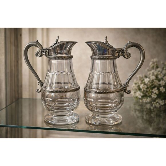 Other - Turn of the Century English Art Nouveau Style Pewter Glass Jugs Pair